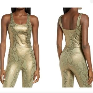 IVL Collective Metallic Snake Print Crop Workout Top Oil Khaki Green Gold 8 NWT